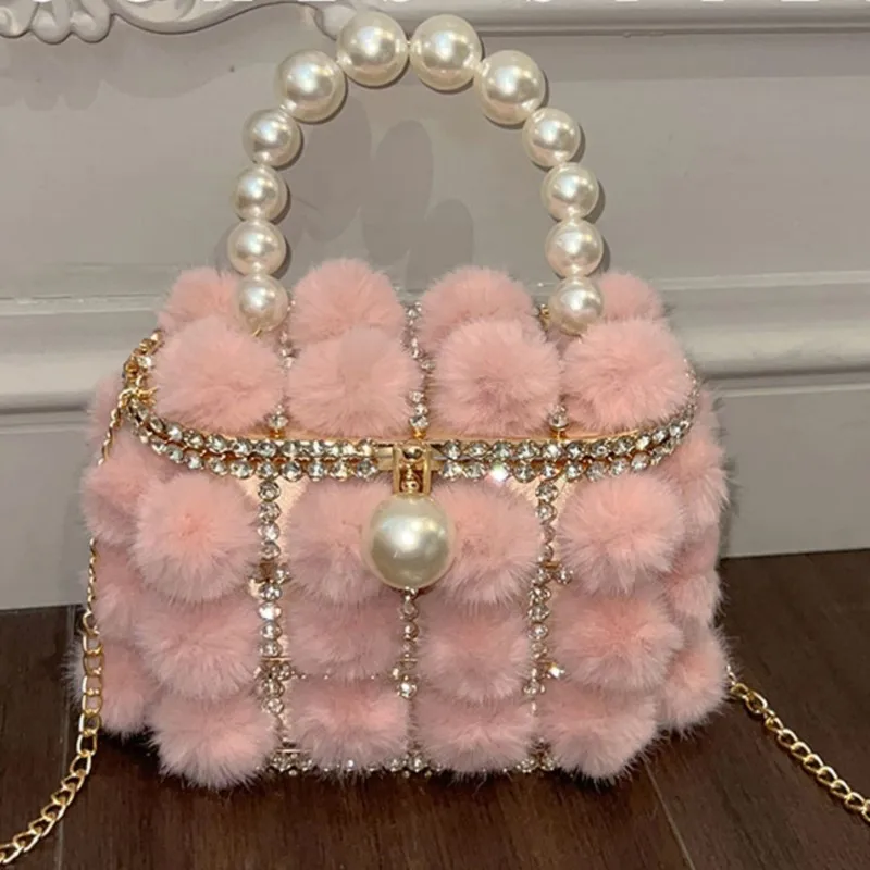 Real Fur Evening Clutch Bags Women Bucket Bag Boutique Pearl Handle Shiny Color Glitter Rhinestone Purse Handbags Bridal Wedding