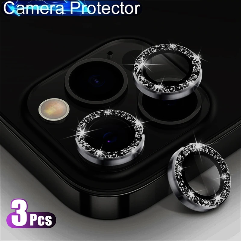 3Pcs Diamond Bling Protective Lens for iPhone 12 13 Mini 11 14 15 Plus Pro Max Glitter Camera Glass Decorative Protector