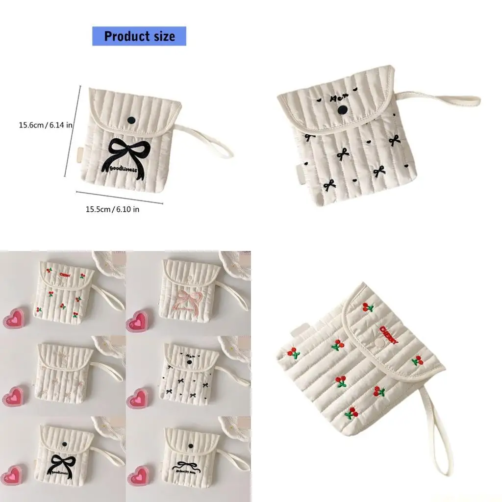 

X90D Compact Travel Friendly Period Storage Bag Cartoon Bows Embroidery Cosmetic For Women and Girls Daily Use
