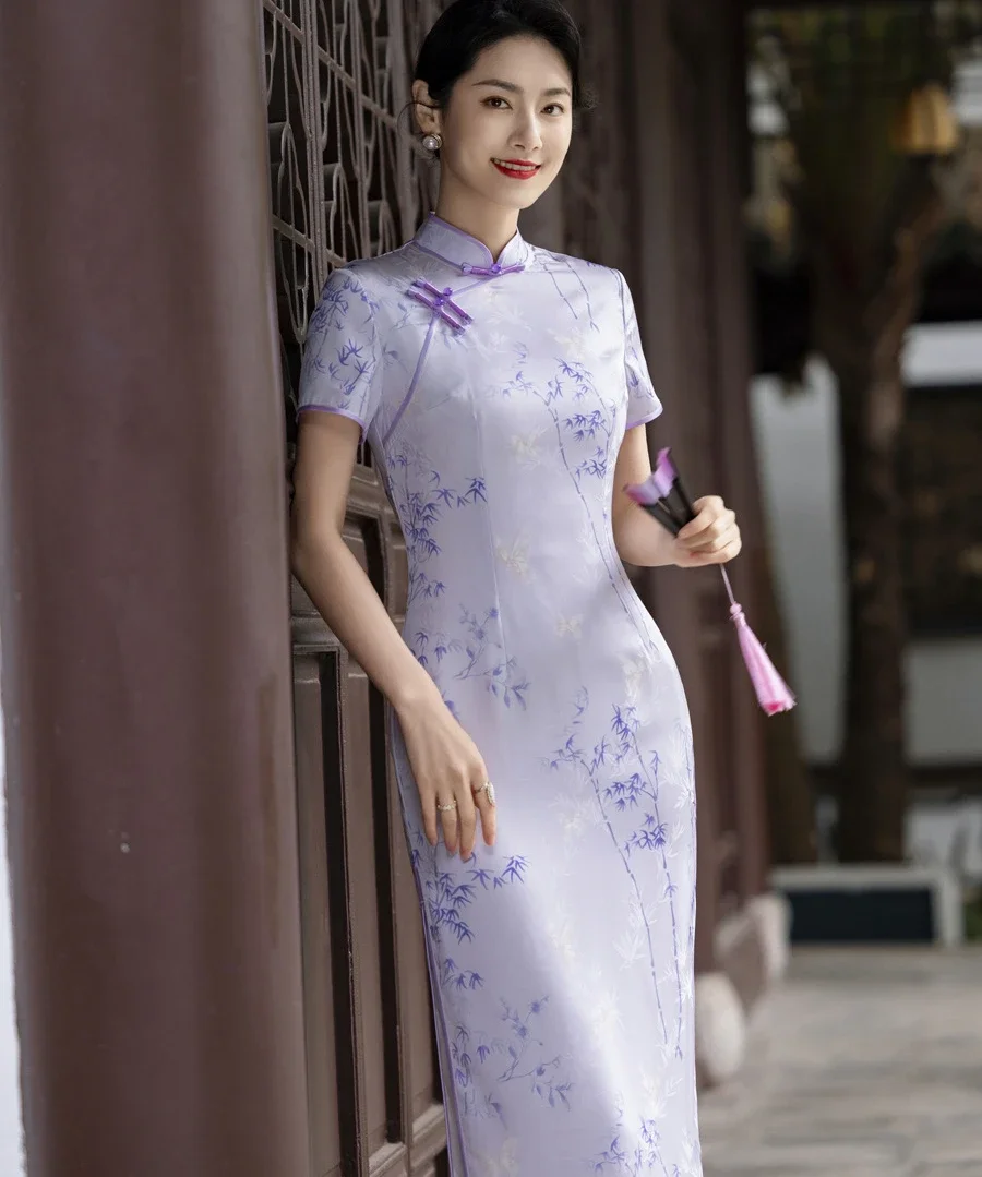 Long Style Qipao Womens New Spring/Summer Daily Fresh Bamboo Leaves Women's Cheongsam Printing Buttons Dress