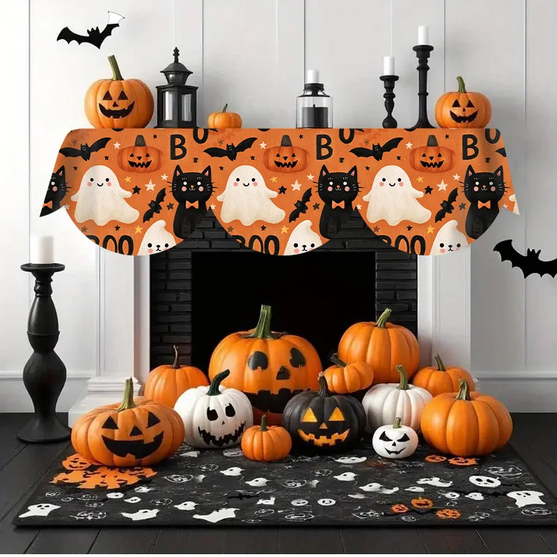 VIKAMA Halloween Fireplace Mantel Scarf Cute Ghost Black Cat Pumpkin Mantel Topper Kids Home Party Decoration