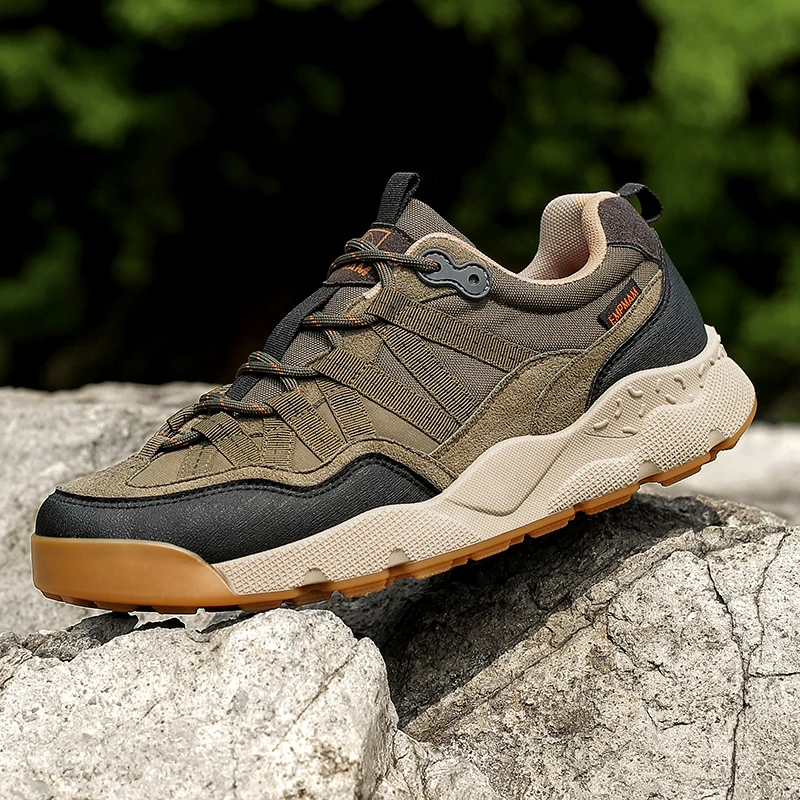 Men Outdoor Hiking Shoes Beige Black Suede Mesh Patchwork Thick Anti Slip Sole Trekking Sneakers Lace Up Camping Walking