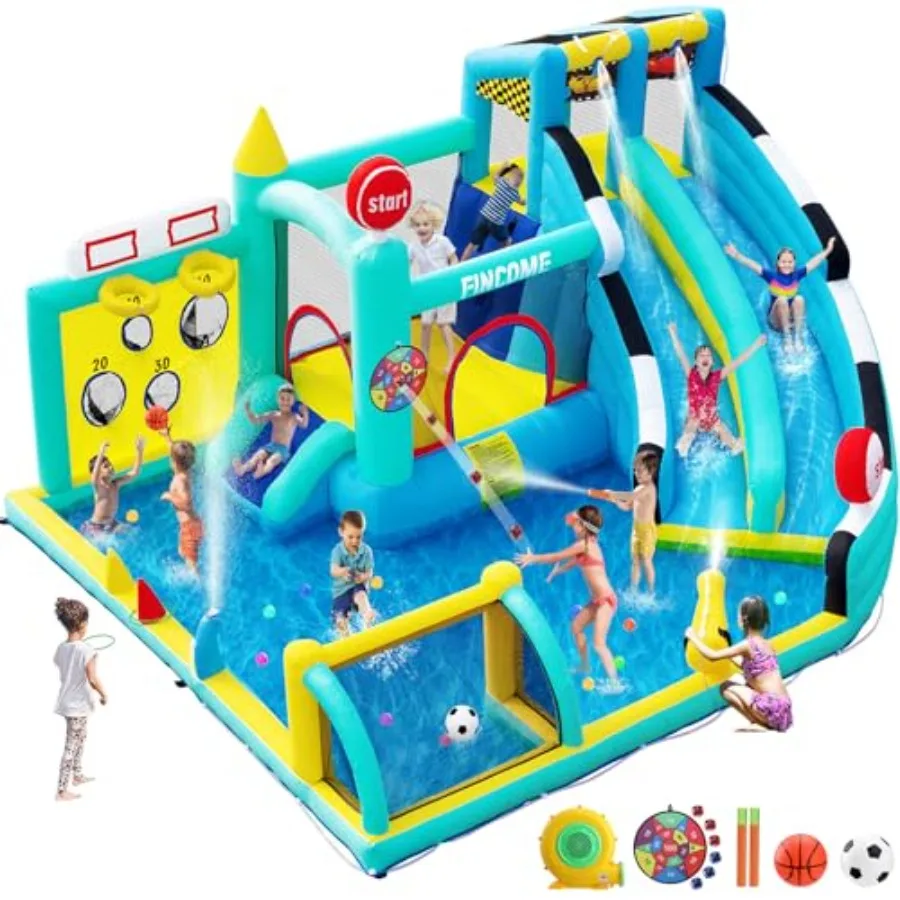 

Bounce House Двойные горки для детей 3–10 лет, большой замок Bounce с воздуходувкой 550 Вт, бассейн, прыжки, скалолазание, мячи, бросок колец, я