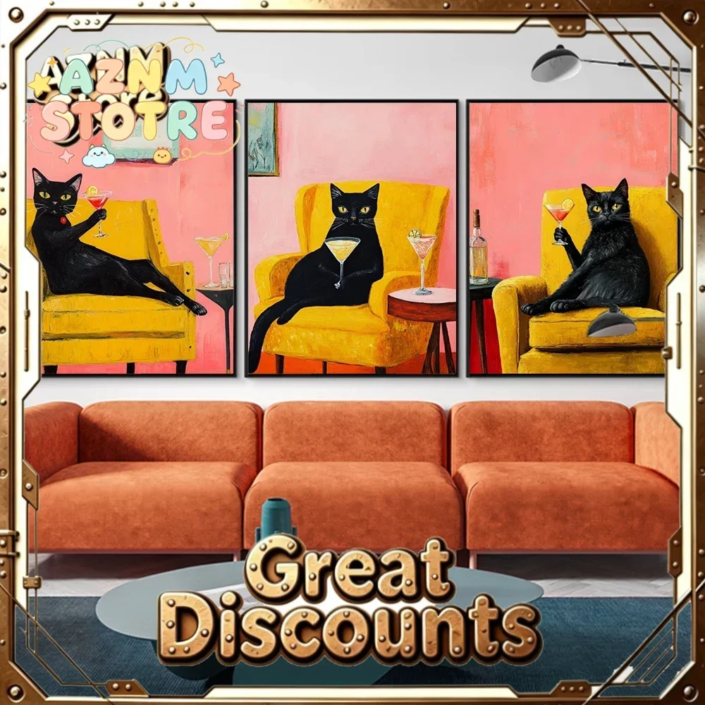 Fun Black Cat Cocktail Canvas Painting Set  Pink Background Elegant Black Cat Holding Martini Art Posters Living Room Home De