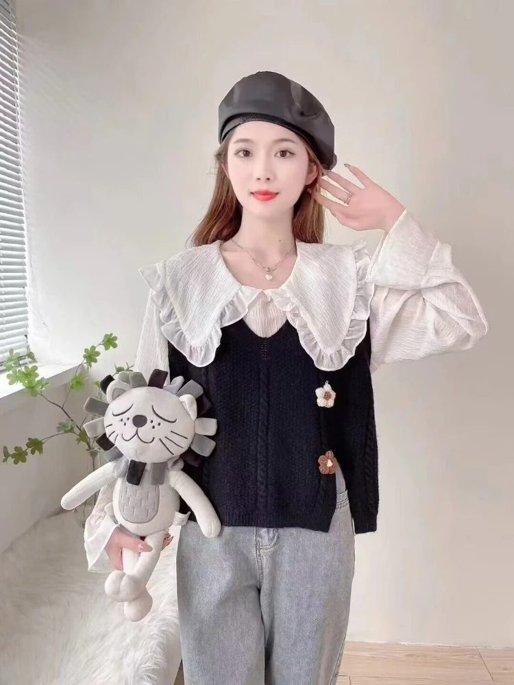 

Винтажный вязаный жилет с цветочным принтом, кардиган для женщин, милый Cottagecore с v-образным вырезом, весенне-осенний пуловер, свитер, стильная многослойная одежда