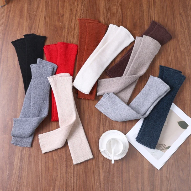 Women's 100% Pure Wool Long-Sleeved Fingerless Gloves Warm Elbow-Length Knitted Mittens Solid Color Hand Warmers