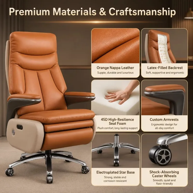 Modern Luxury Ergonomic Large-Size Leather Executive Office Chair with High-Back Electric Reclining Aluminum Alloy Base