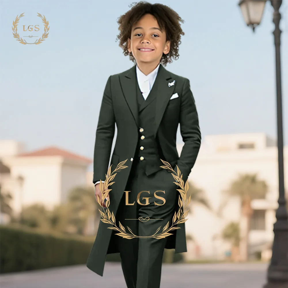 

Boys' dark green suit 3-piece set - suitable for children aged 2 to 16, fashionable slim-fit long coat with vest and pants set