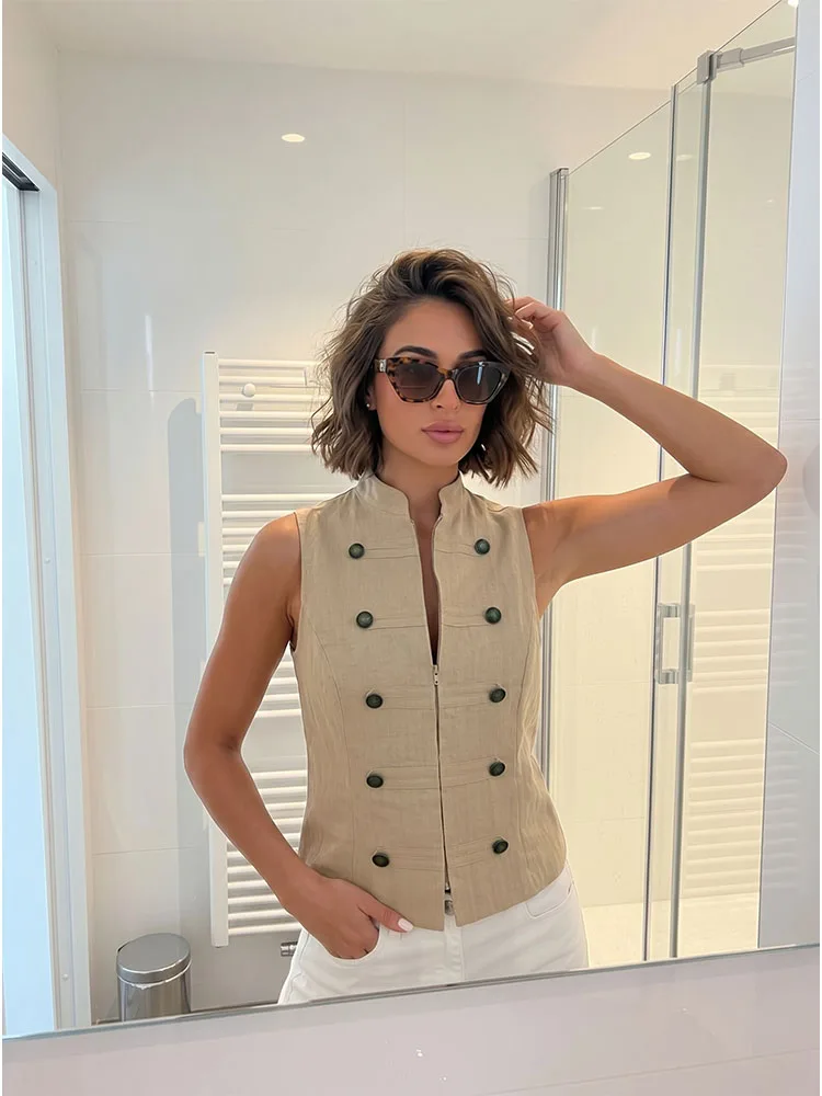 

HH Women Summer Vintage Edgy Military Vest Spring Stand Collar Bronze Button Sleeveless Lightweight Outerwear For Daily Outing