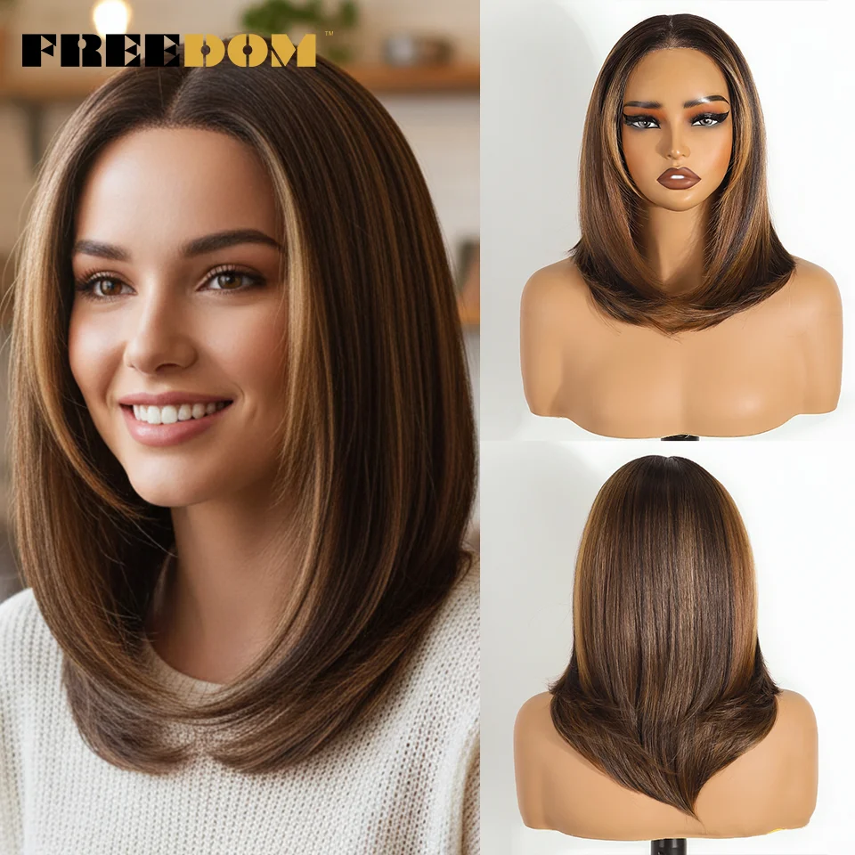 FREIHEIT Synthetische Lace-Front-Perücken für Frauen, kurzer Bob, geschichtet, gerade, 6 x 4, Wear And Go, leimlose Perücke, Ombre, vorgezupfte Spitzenperücken – Detail 8