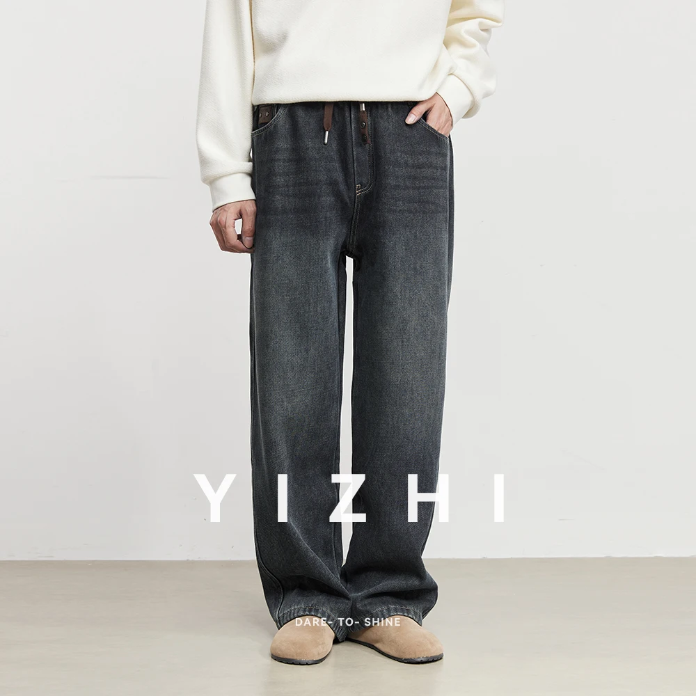 موضة الرجال مبطنة بالصوف غسلها مستقيم الساق الجينز 2025 الخريف الشتاء جديد مرونة الخصر فضفاض عادية العصرية بنطال ذو قصة أرجل واسعة #5