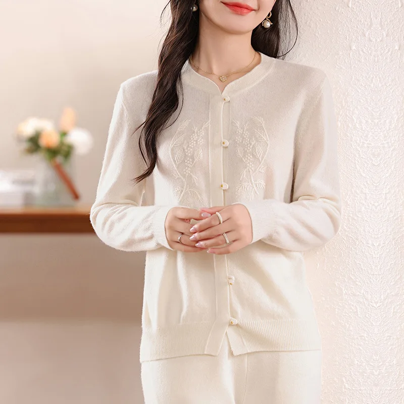 

Женский шерстяной кардиган с круглым вырезом, пальто на пуговицах, свободный вязаный свитер с вышивкой, короткий осенне-зимний