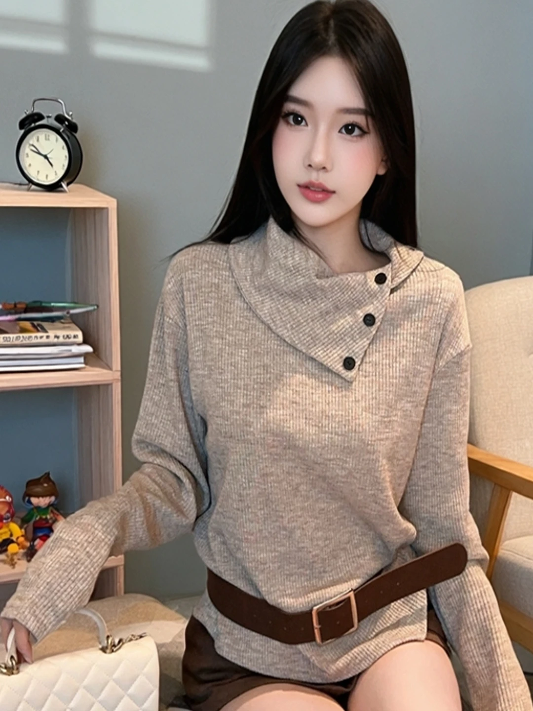 

Korean Design Sensation Simple Irregular Long Sleeve Knitted Sweater Women's Autumn Winter New Retro Short High Collar Top