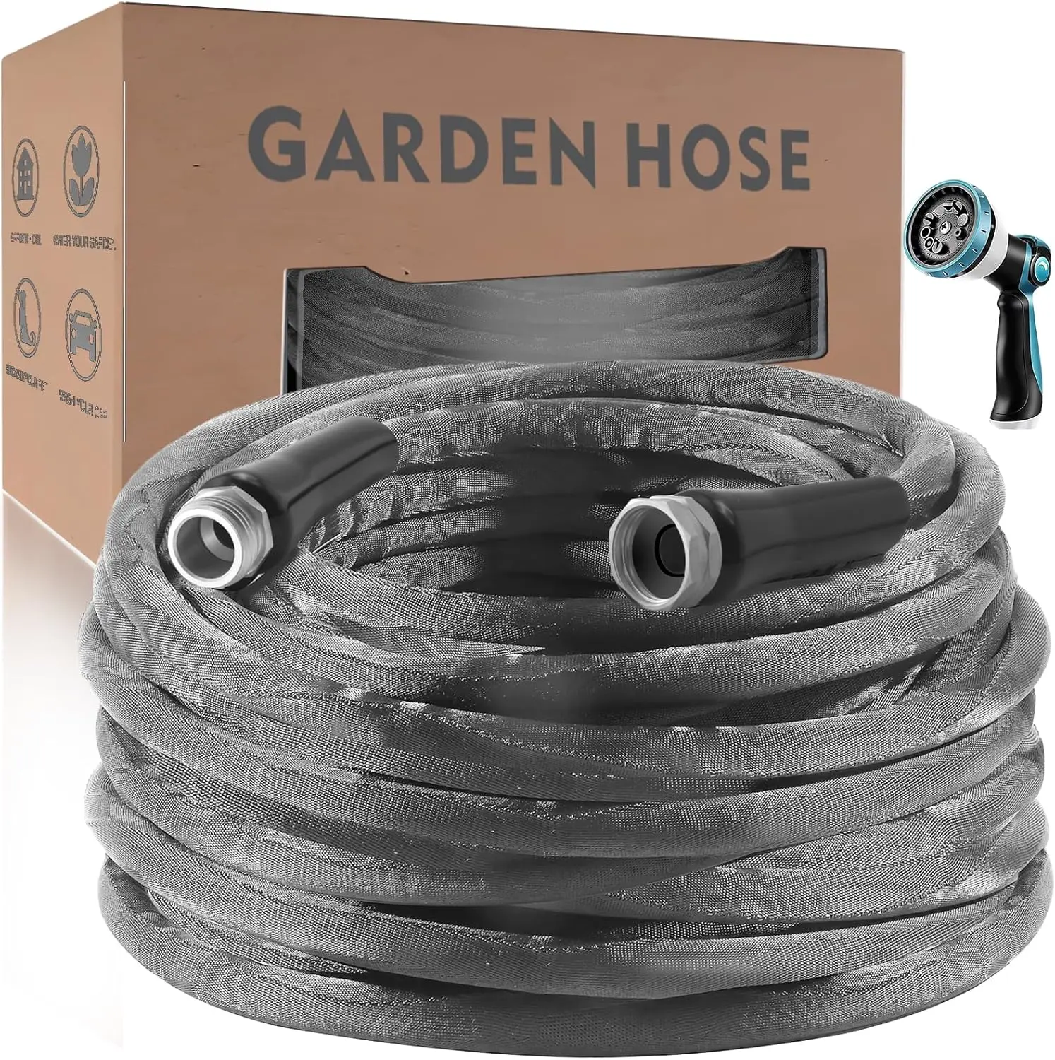 

100ft Garden Hose with 10-Function Nozzle, Non-Expandable, Lightweight & Durable for Easy Watering