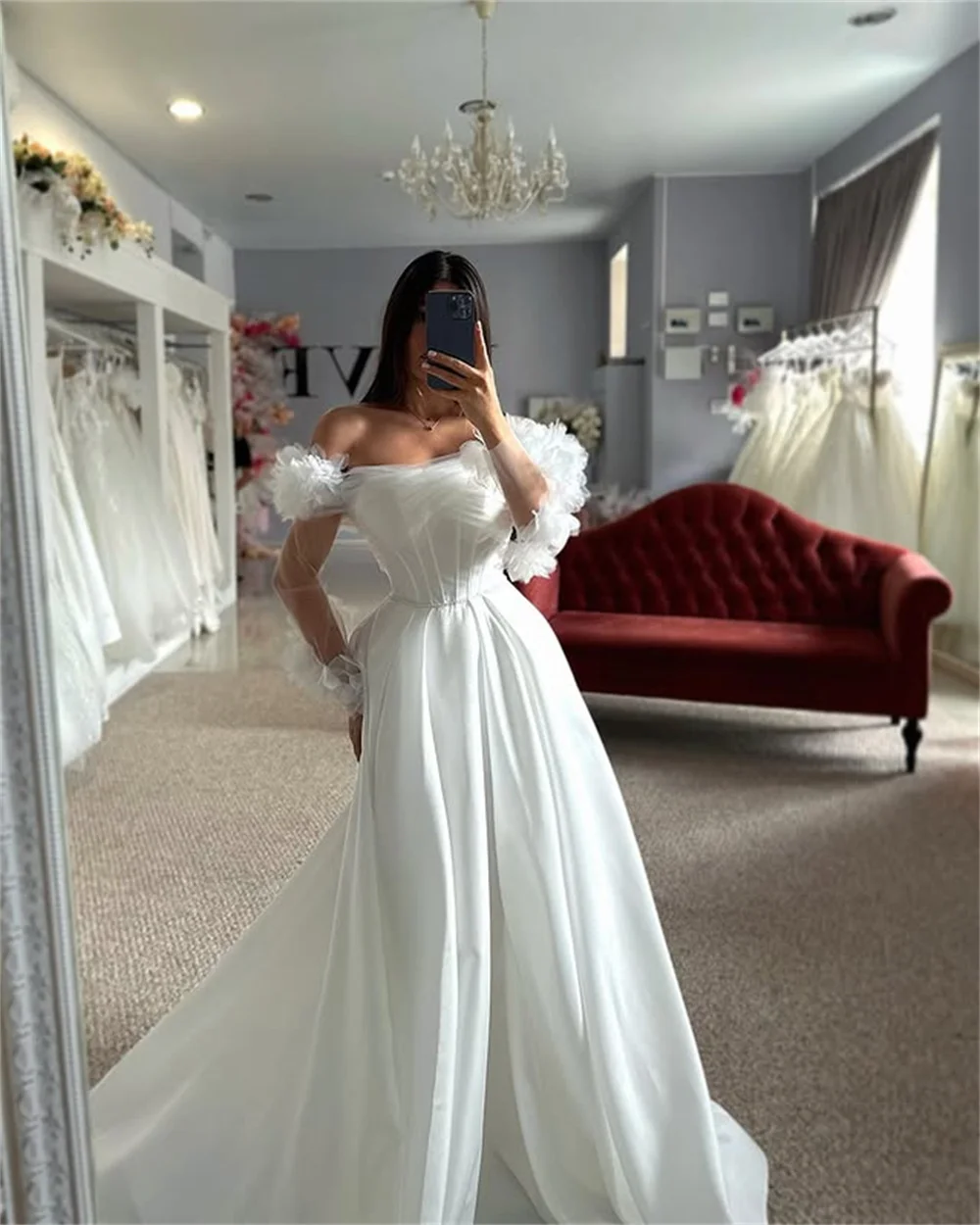 Charmoso fora do ombro mangas compridas plissado sweetahrt cetim uma linha vestidos de casamento trem varredura feito sob encomenda 2025 vestido de noiva