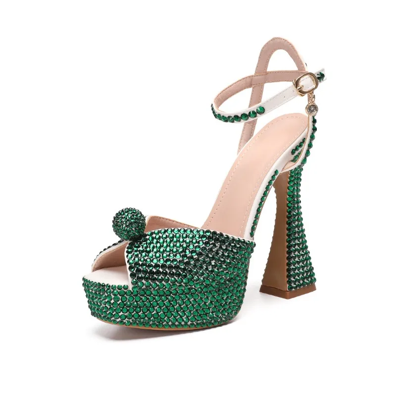 14CM Style Rhinestone Sequined Peep Toe Women Gladiator Sandals Summer Elegant High Heels Crystal Wedding Banquet Bridal Shoes