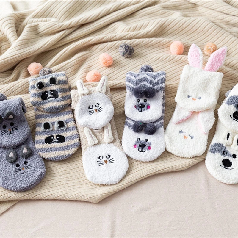 Fuzzy Cute Coral Fleece Socks Stripe Cute Animal Home Sleeping Warm Soft Anti-Skid Plush Slipper Socks Fluffy Microfiber Thick