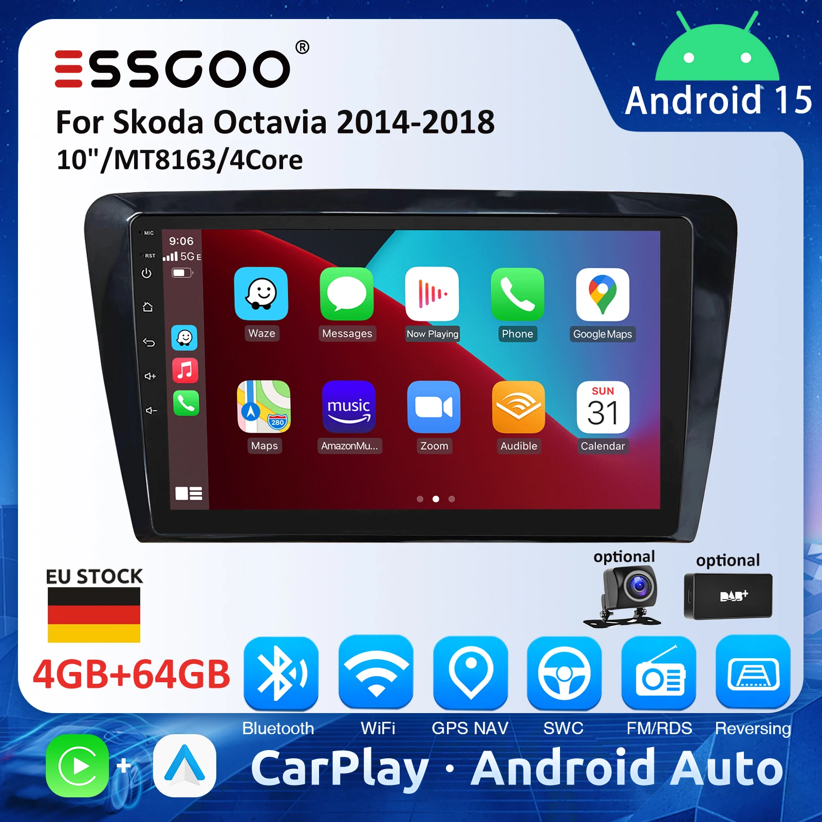 ESSGOO 10' Autoradio für Skoda Octavia 2014-2018 Android Auto CarPlay Autoradio 4GB 64GB GPS RDS Automotive Multimedia Player