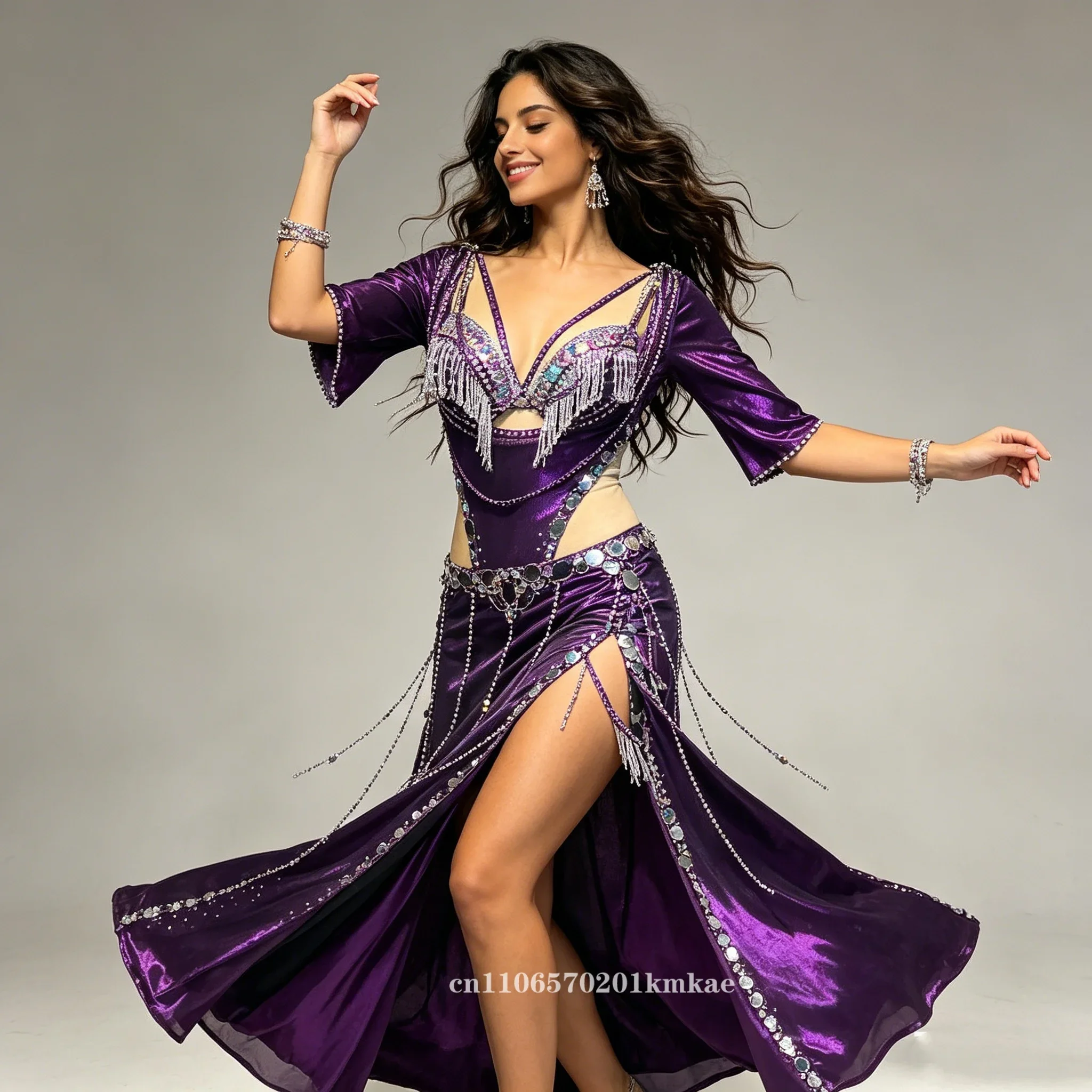 

Purple Belly Dance Costume For Women, Rhinestone Fringe Beaded Maxi Dress With Bow, Oriental Dance Stage Performance Outfit
