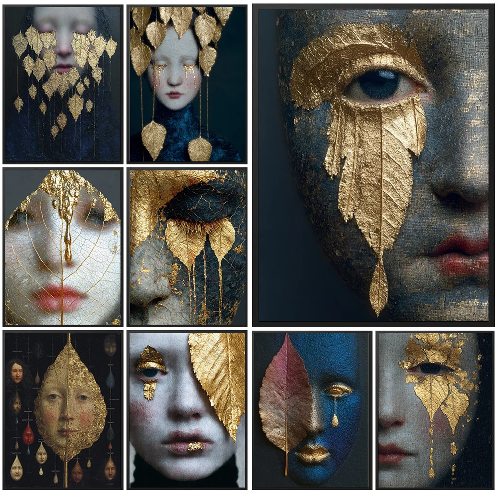 Surreal Golden Leaf Tears Woman Canvas Wall Art Set Dark Fantasy Gothic Portrait Posters Luxury Gold Leaf Home Decor Gift