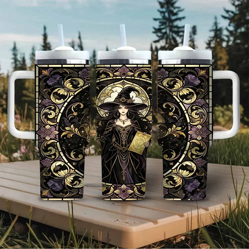 40oz Tumbler with Handle, Vintage Witch Purple Floral Pattern Print, Perfect for Witch Art Lovers, Ideal for Halloween Use, Suitable for Daily Outdoor Activities, Holds Both Hot And Cold Drinks
