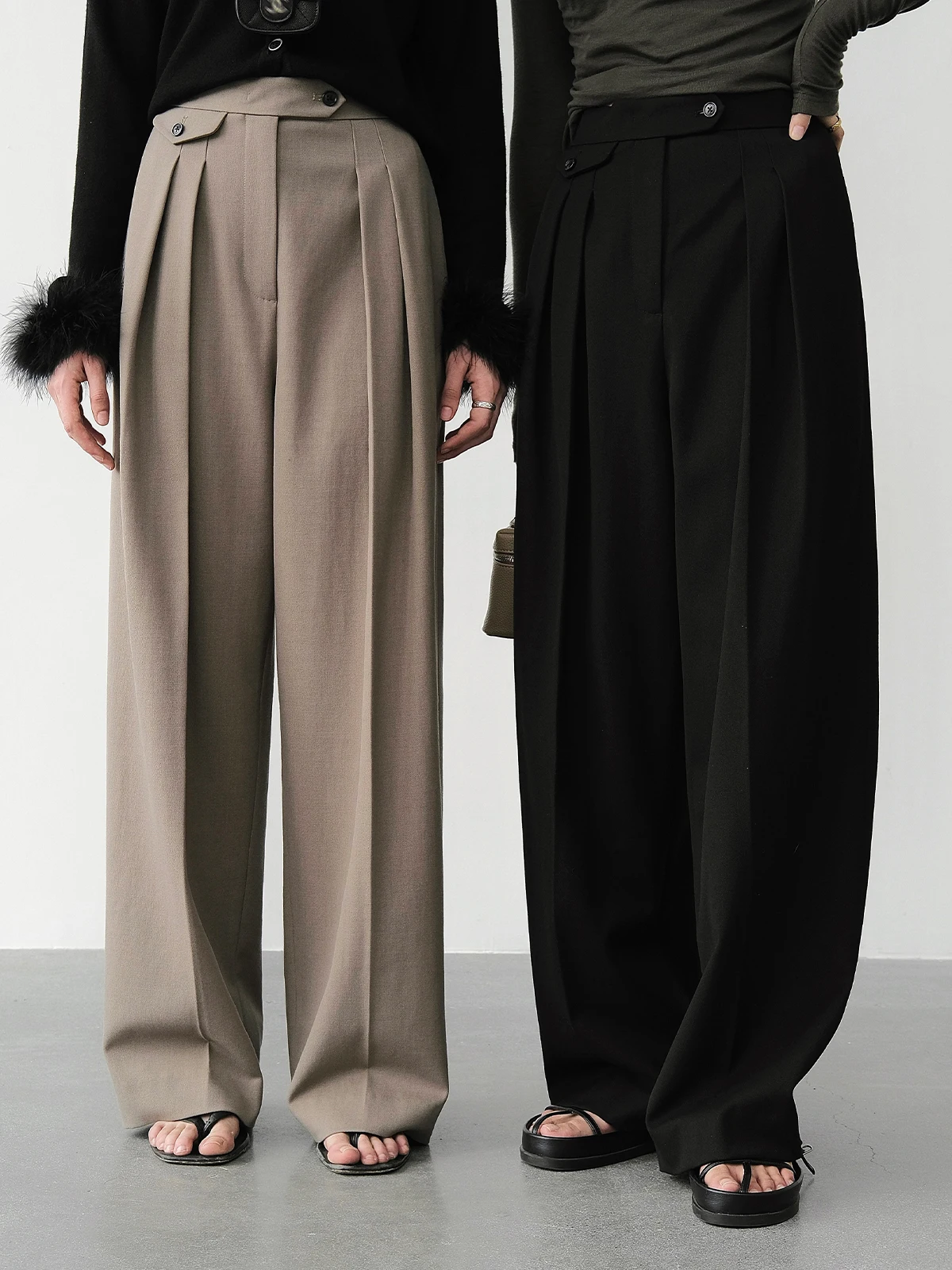 

High Waist Wide Leg Suit Pants Women Loose Floor Length Casual Trousers Zhou Miao Wool Blend Polyester Blend Comfortable