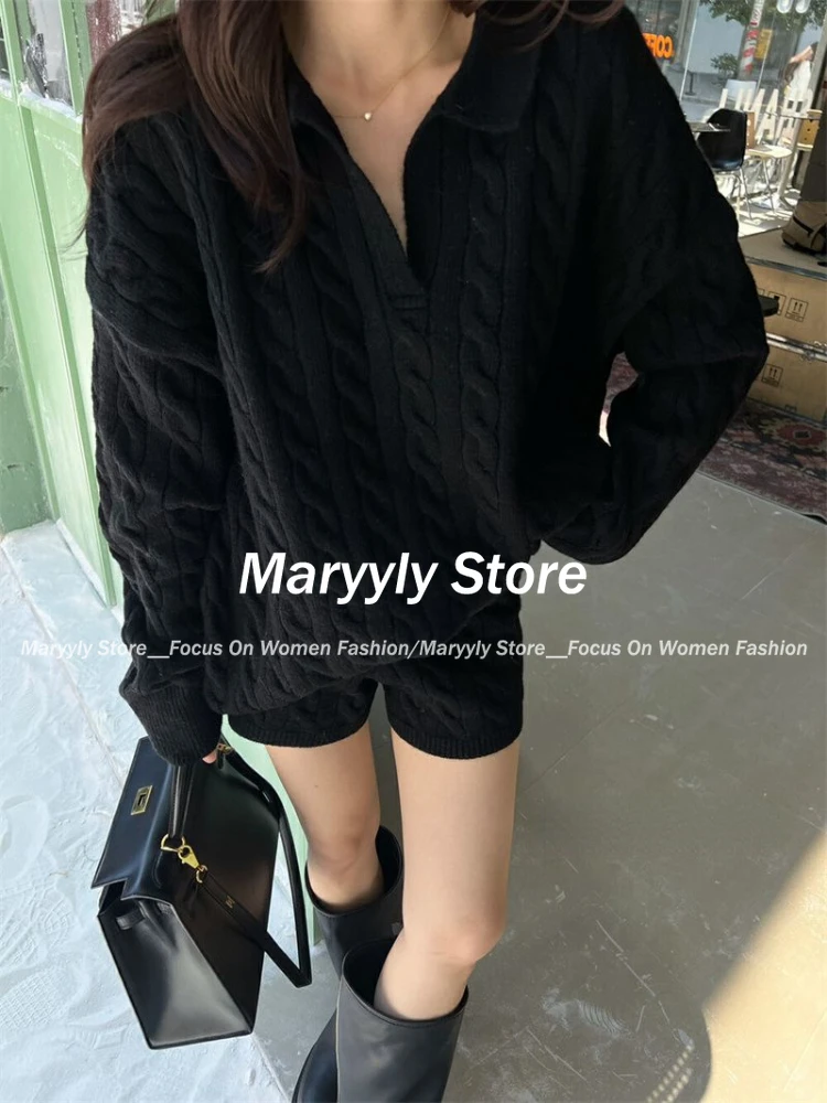 الخريف الشتاء الكورية نمط قسط محبوك 2 قطعة مجموعة عادية فضفاض بولو الرقبة سترة بلايز + Y2k السراويل لون نقي ملابس النساء