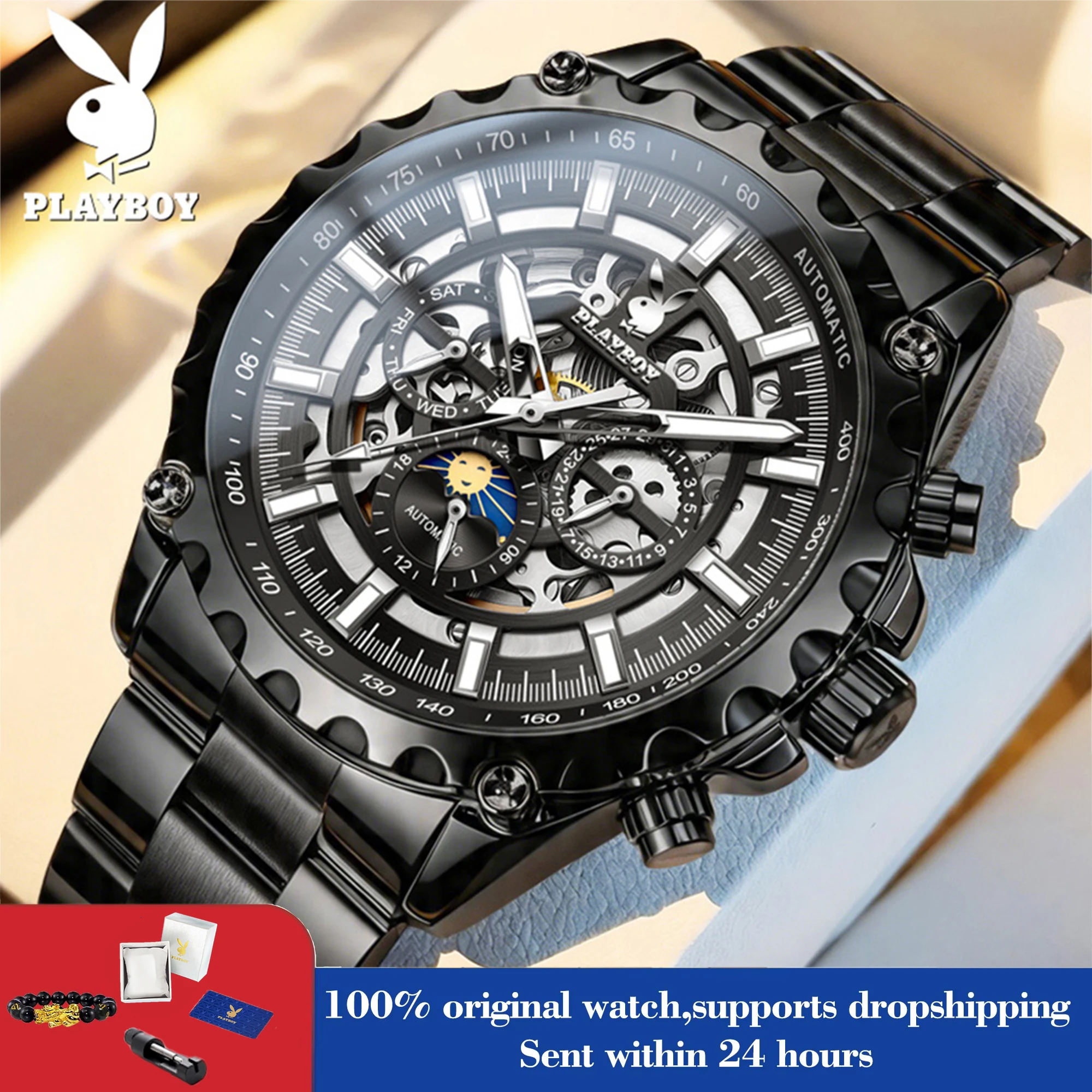 PLAYBOY Men Skeleton Automatic Mechanical Watch Moon Phase Week Date Waterproof Stainless Steel Luxury Wristwatch for Man