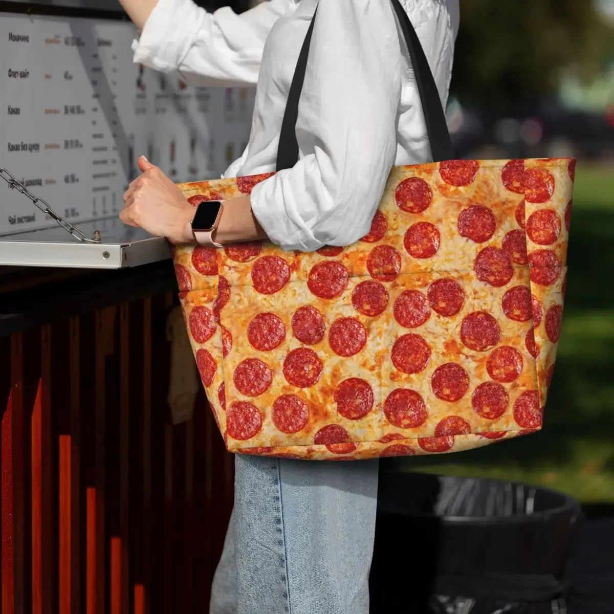 Realistic Pepperoni Pizza Pattern Beach Tote Bag Sport Gym Yoga Duffle Large Tote Bag Women Travel Bag Fitness bag