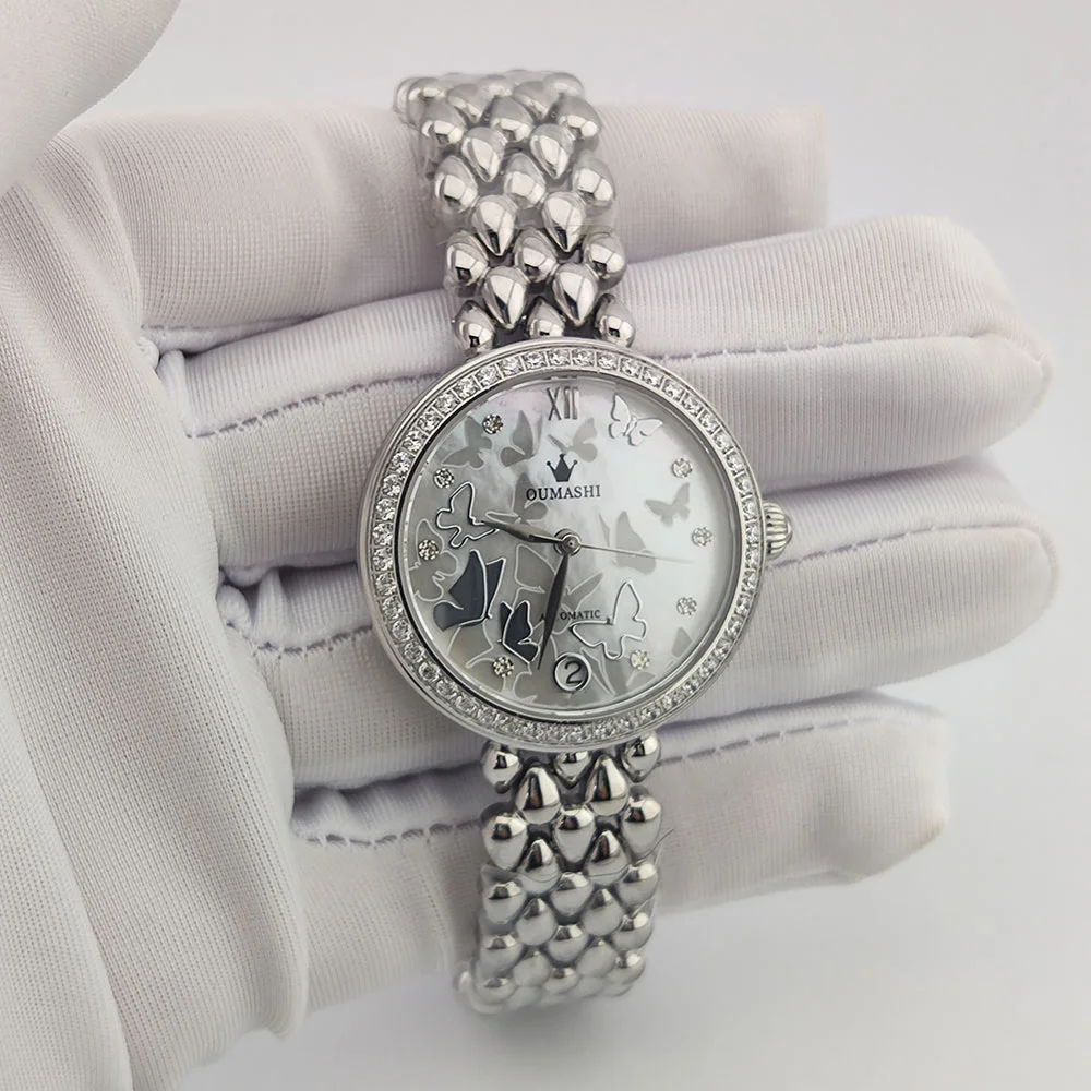 Women's Wristwatch Automatic Mechanical Watch Women Diamond Calendar Dial Stainless Steel Waterproof Luminous Elegant Butterfly