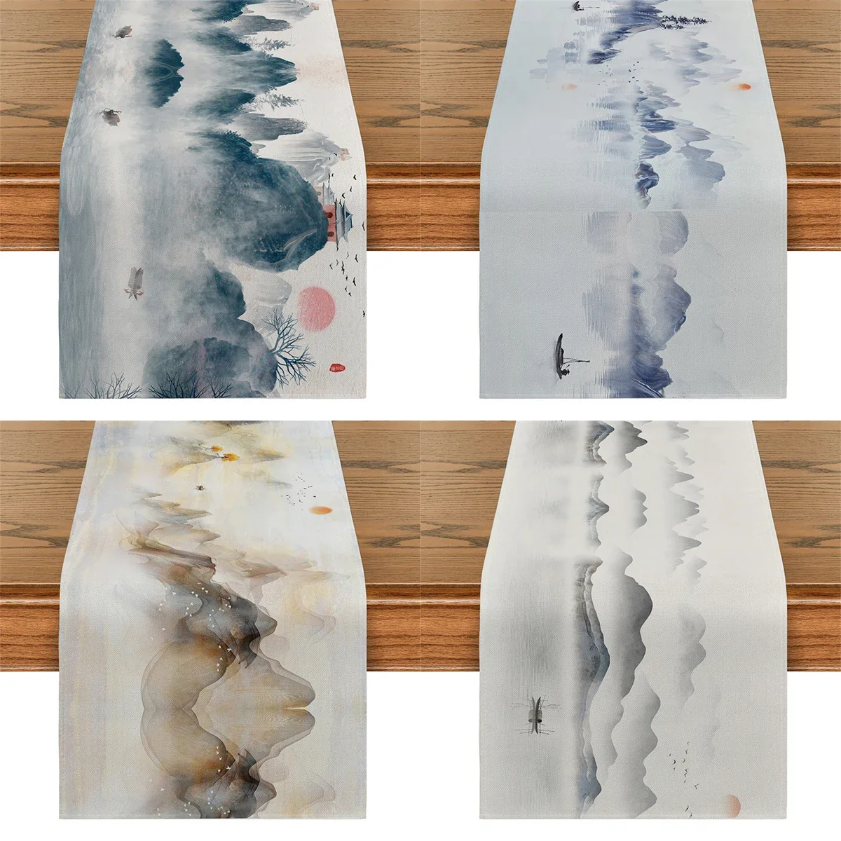 Chinese Style Ink Painting Table Flag Dizzy Mountain Art Table Runner Home Kitchen Living Room Holiday Party Tables Decoration