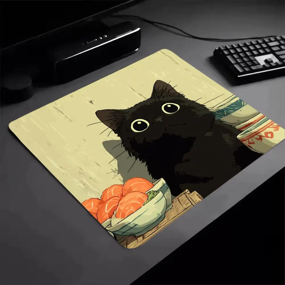 Black Cat Eat Ramen Mouse Pad Square Computer Office Game Table Mats PC Gaming Rubber Anti-slip Mousepads Small Decor Desk Pads