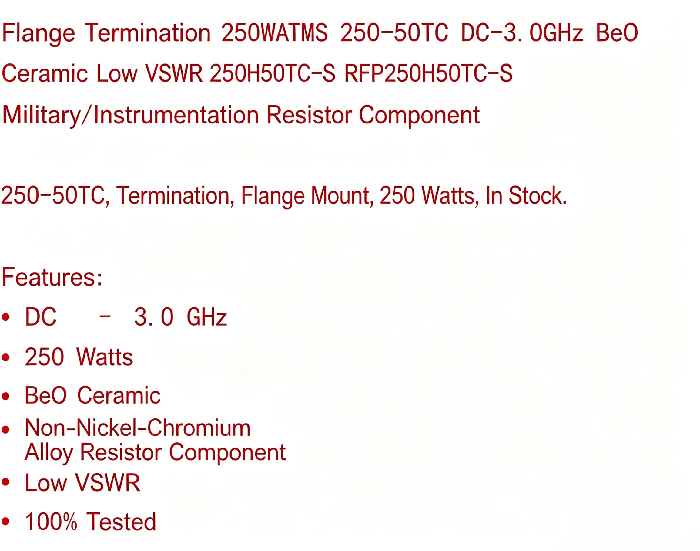 RFP250H50TC-S radio frequency microwave resistor high-power fake load 250 watts 50 ohms DC-3.0GHz