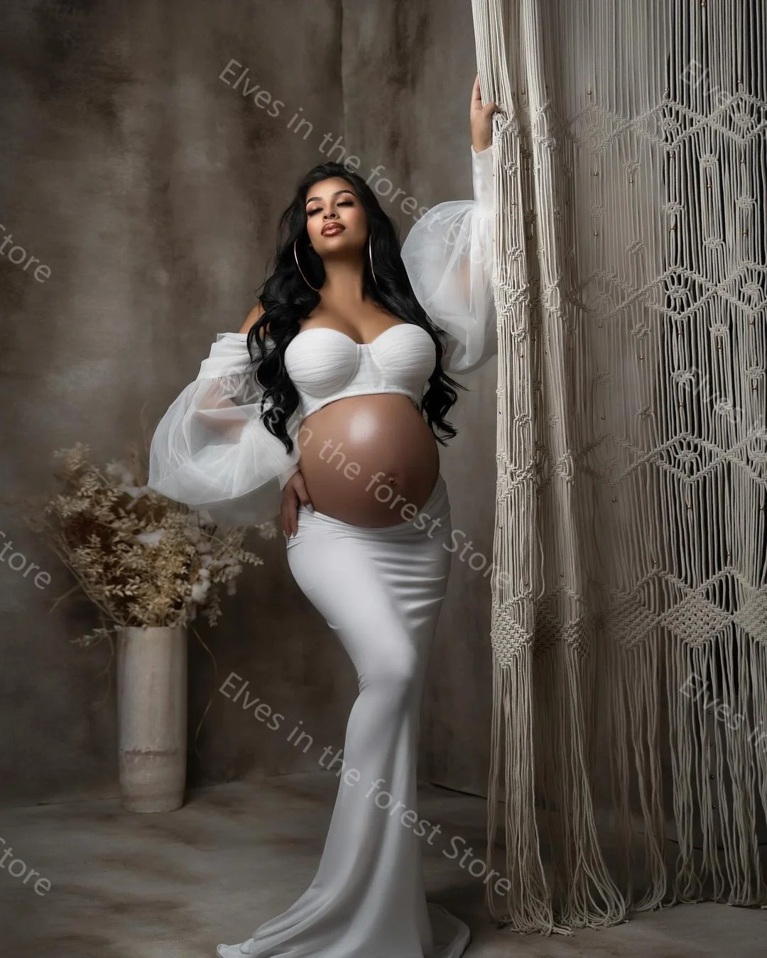 White Mermaid Maternity Robes for Photography 2 Pieces Off Shoulder Pregnant Women Robes Sexy Long Sleeves Evening Party Gowns