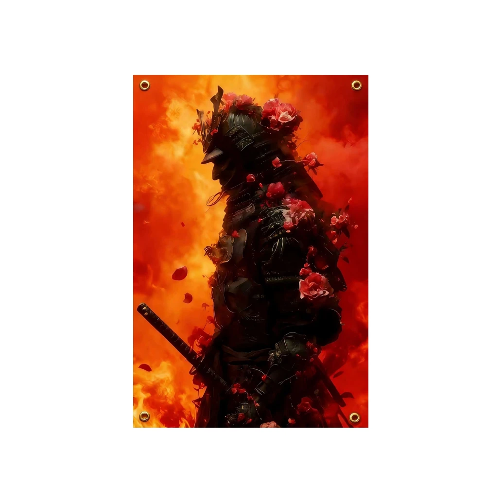 

Samurai Warrior with Roses on Fire Tapestry 2x3ft 3x5ft Polyester Japanese Bushido Banner for Bedroom Dorm Man Cave Decor