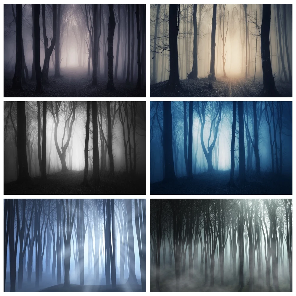 ภาพสยองขวัญพื้นหลังสำหรับการถ่ายภาพวันฮาโลวีนป่าหมอกทำจากไม้สำหรับเด็กวันเกิดของทารกแรกเกิดฉากหลังรูปภาพสำหรับอาบน้ำอุปกรณ์ประกอบฉากในสตูดิโอ