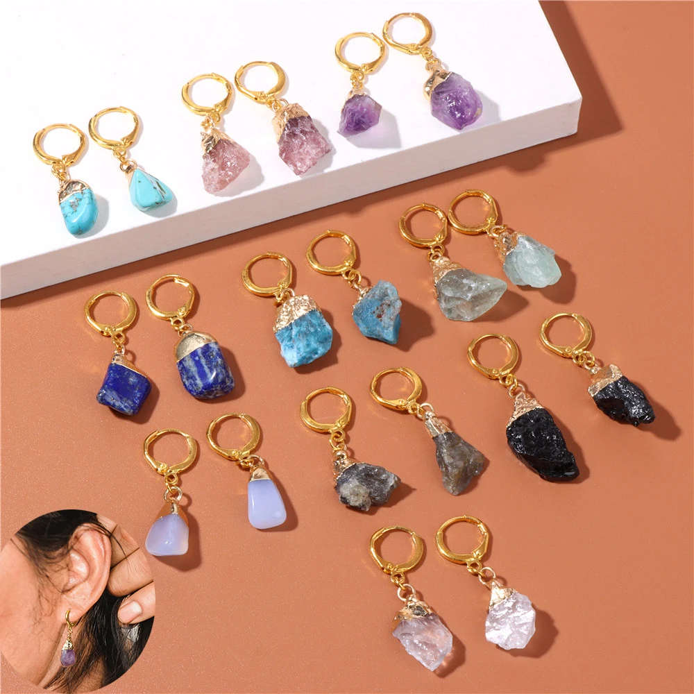 Boucles d'oreilles en pierre minérale irrégulière pour femmes, améthystes en cristal naturel, pierre brute, bijoux de guérison Reiki