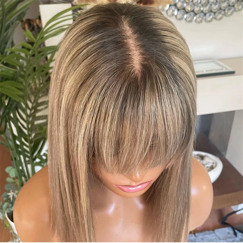 Natuurlijke pruik Dames Lace Front Pruiken Asbruin Blond Bob Korte pruik met pony Futura Hoge kwaliteit Blonde synthetische lijmloze pruik