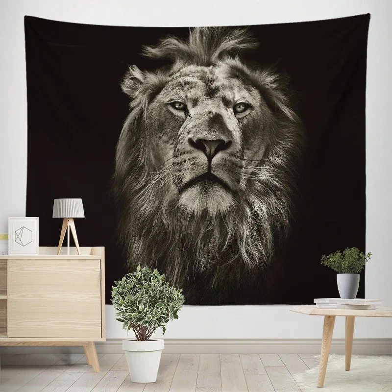 Black Creative Violent Lion Wildlife Tapestry Polyester Dress Up Wall Background Bedroom Dormitory Decoration