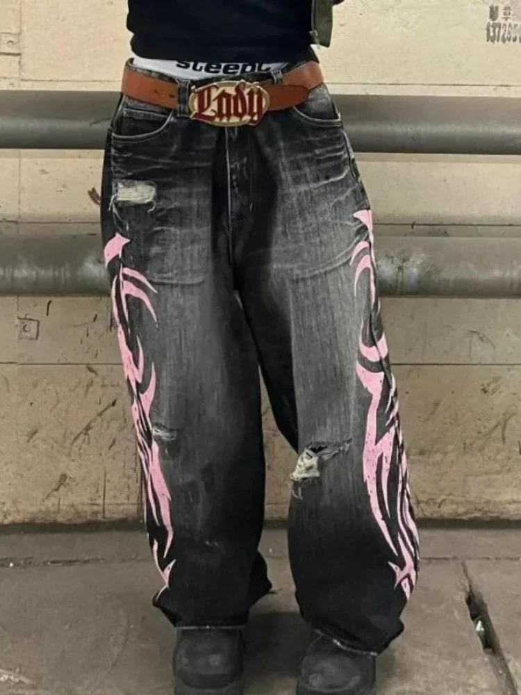 Y2k خمر القوطية الشرير الجينز النساء Harajuku طباعة الجرونج فضفاض سراويل جينز فاسق الهيب هوب الأسود الشارع الشهير واسعة الساق الجينز #6