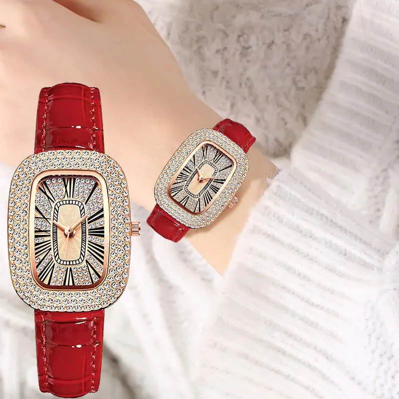 

Fashion Casual Women's Watches Women Rhinestone Watches Oval Dial Red Leather Band Quartz Wristwatches Ladies Relogio Feminino