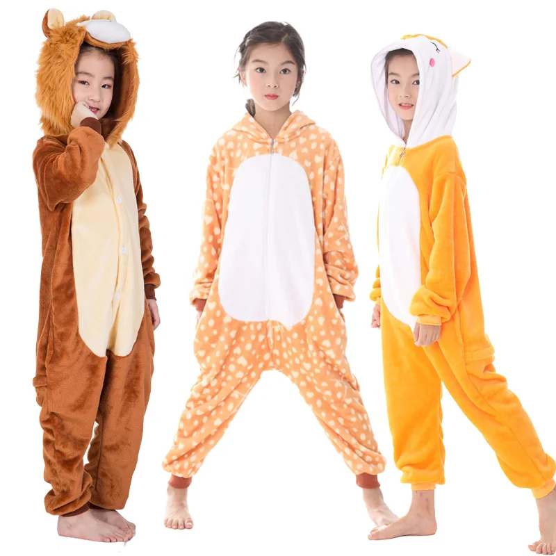 One-Piece Pajamas For Kids Cartoon Animal Winter Onesie Sleepwear Halloween Cosplay Costume Nightgown Fluffy Loungewear Jumpsuit