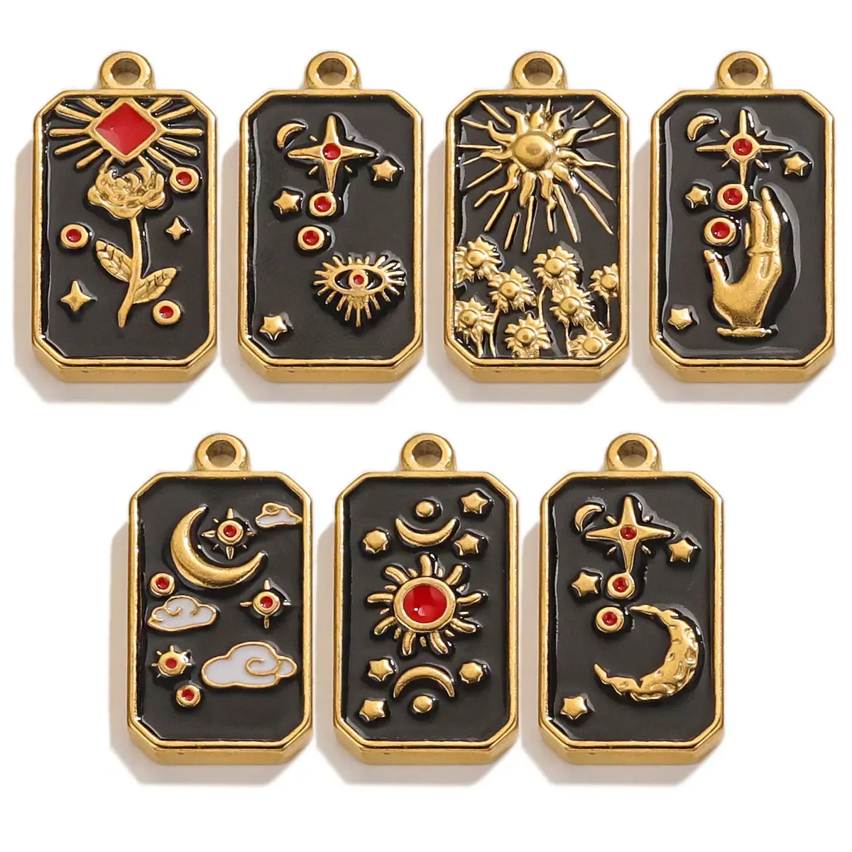 5pcs Stainless Steel Black Enamel Moon Gold Plated Rectangular Tarot Retro Popular Pendant DIY Earrings Necklace Jewelry Making