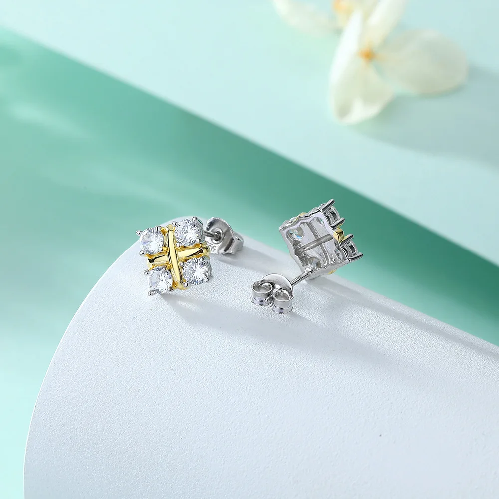 

BR 3mm D VVS1 Moissanite Starry Two-Tone Ring & X Letter Rhombus Stud Earrings, Exquisite Fine Jewelry, Perfect Gift Choice