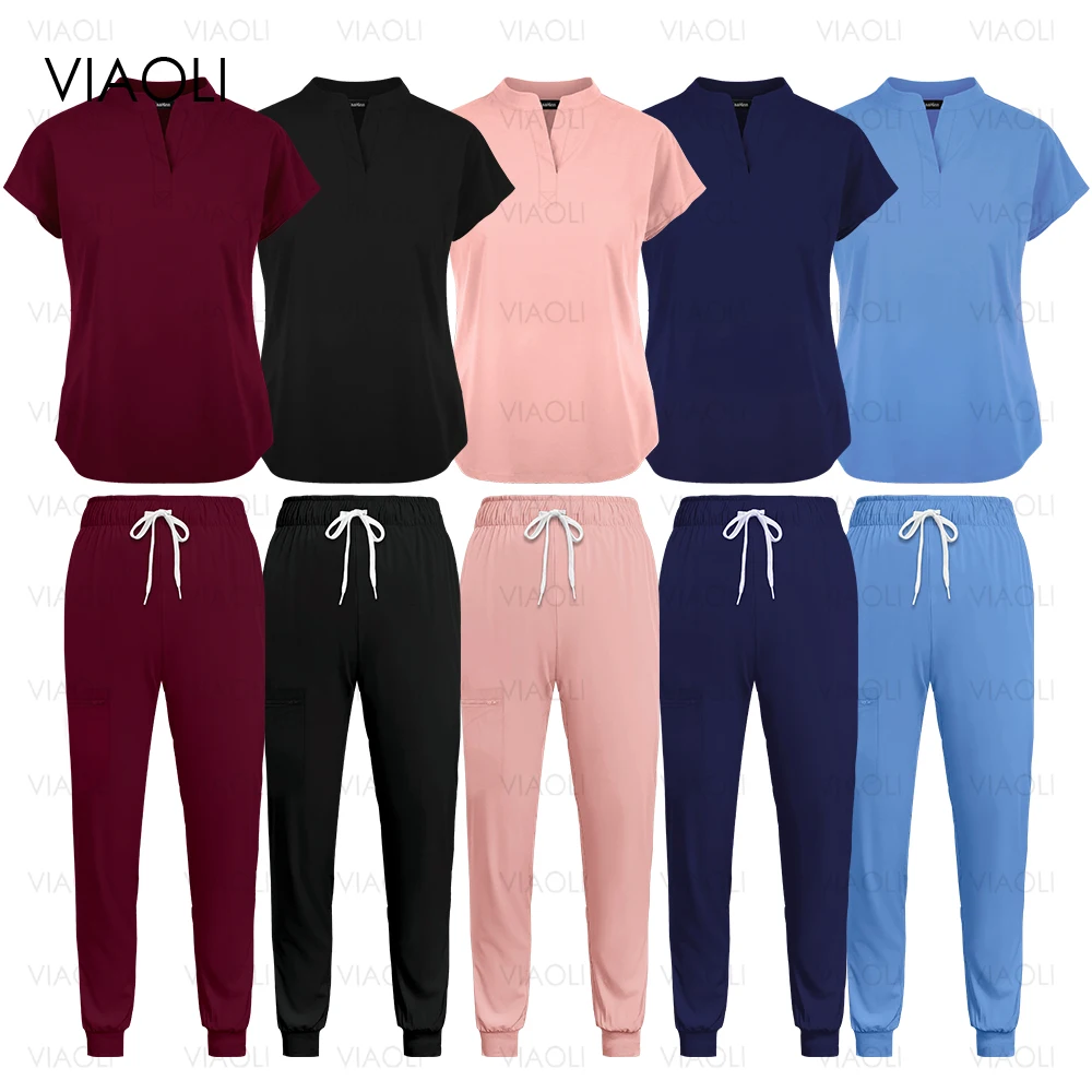 Nurse Medical Uniform High Quality Lightweight Clinical Workwear Scrubs Set Operating Room Surgical 2 Pockets Tops Elastic Pants