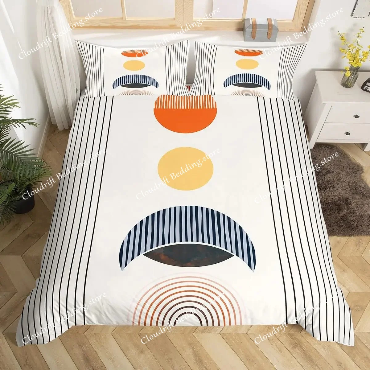 Mid Century Modern Duvet Cover Set King Abstract Geometric Balance Shapes Rainbow Sun Circles Boho Comforter Cover Bedding Sets