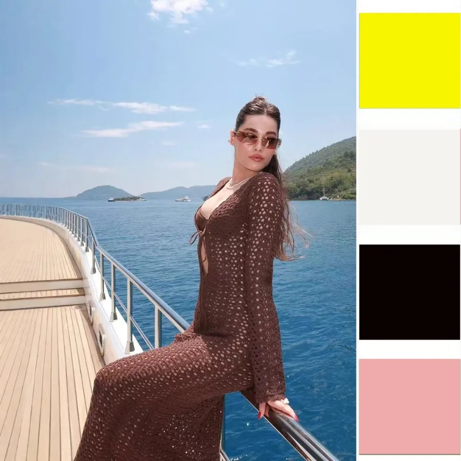 

【Новый стиль】 Новое пляжное платье - женская одежда в европейском и американском стиле, летнее женское платье с V-образным вырезом, ажурное, облегающее, с длинными рукавами.