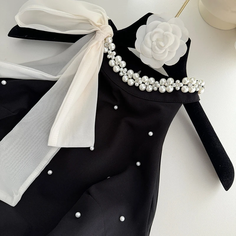 Women'S O-Neck Beaded Color Block Black Mini Skirt Summer Sleeveless Chic Dress