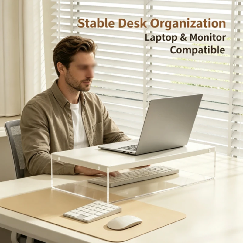 Wooden And Acrylic Monitor Stand Riser With Storage Shelves Desktop Organizer For Office Home Keyboard Rack