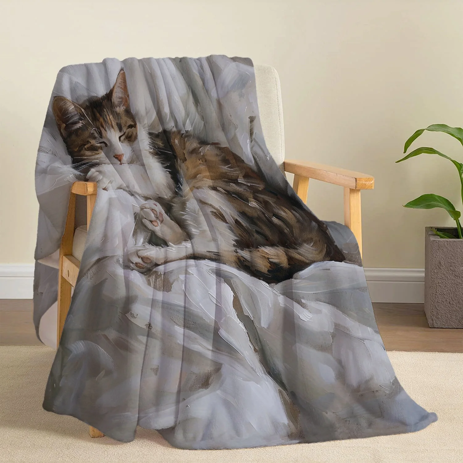 Luxury Soft Flannel Cat Blanket - Tabby Calico Kitten Print Brown White Grey- Lightweight All-Season Polyester Bedspread for
